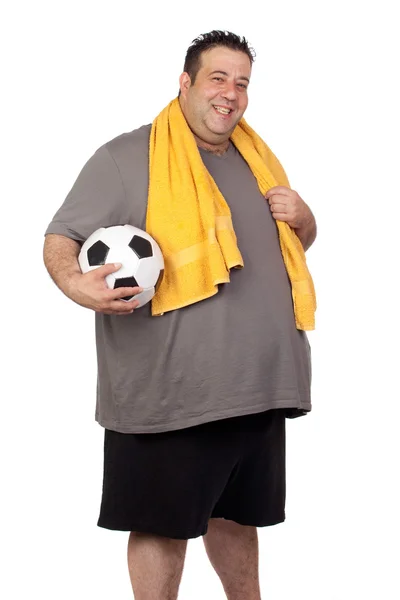 Fat man with a soccer ball — Stock Photo, Image