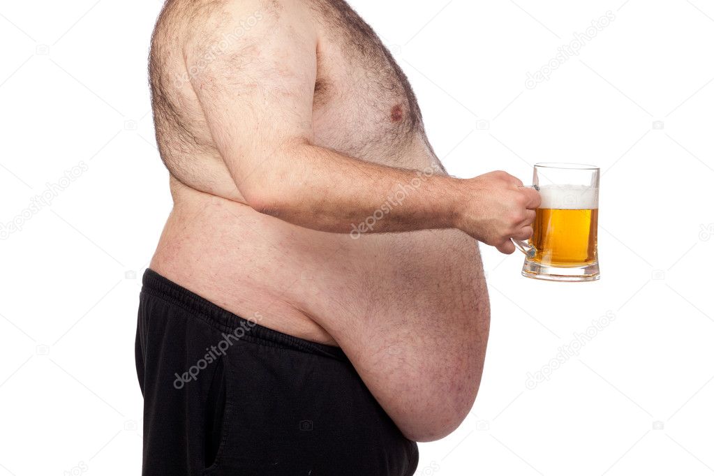Fat man drinking a jar of beer
