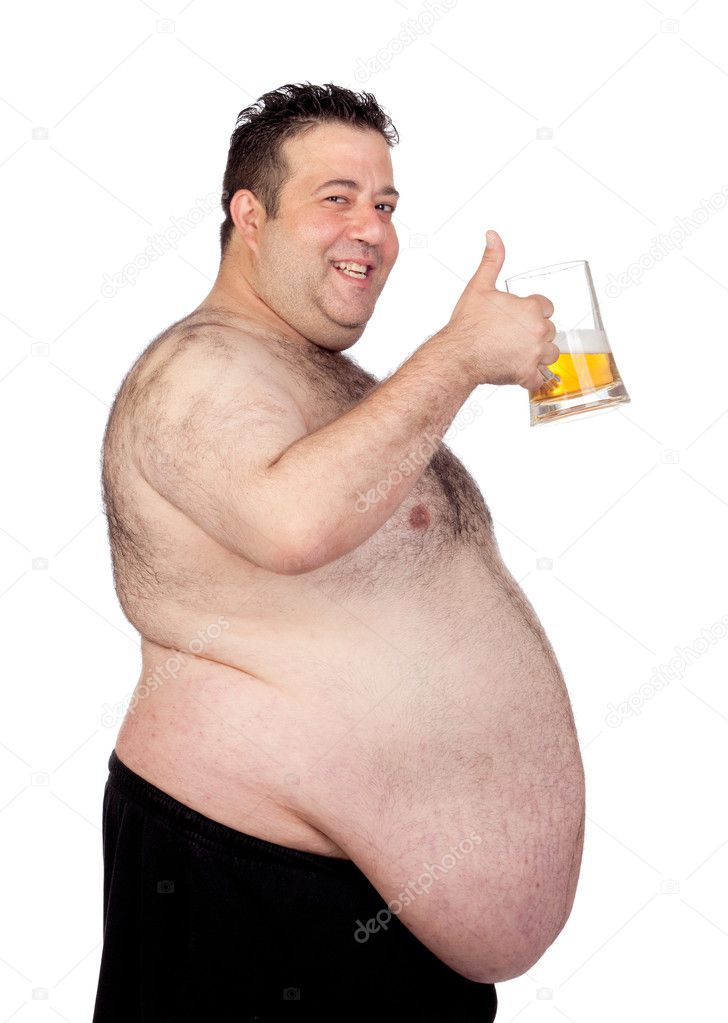 Fat man drinking a jar of beer