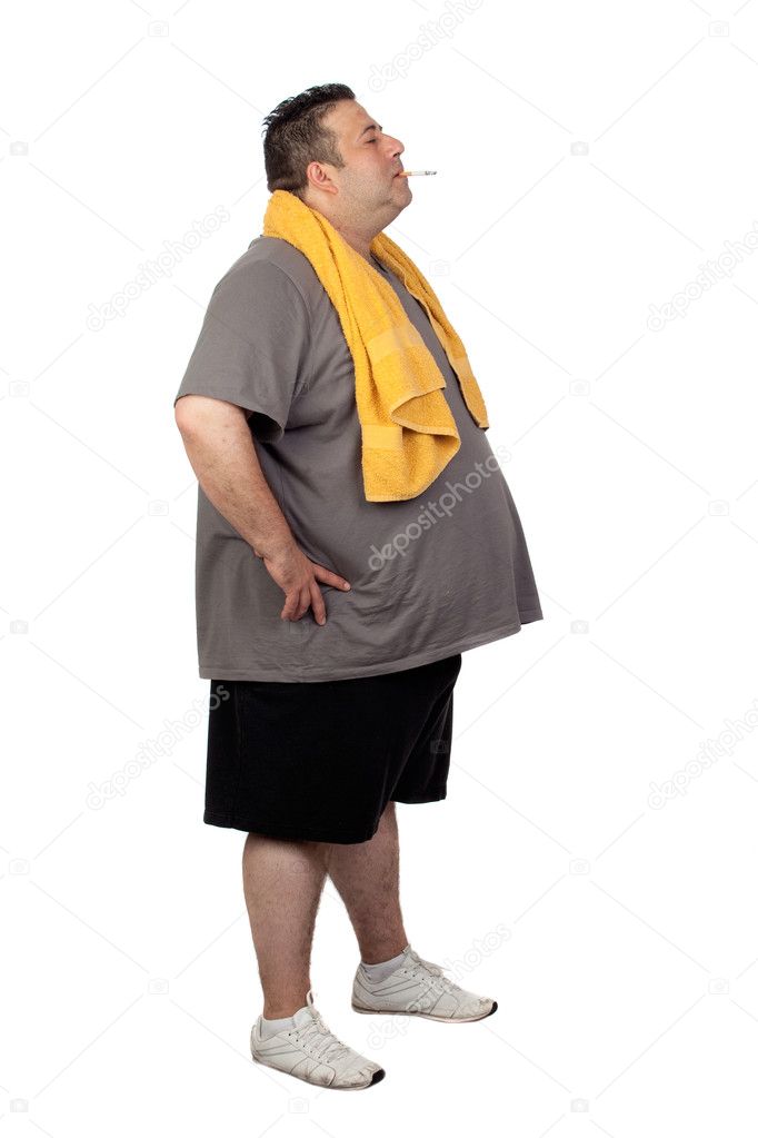 Fat man playing sport and smoking