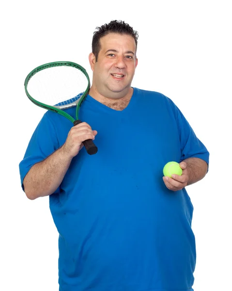 Şişman adam için play tenis raketi ile — Stok fotoğraf