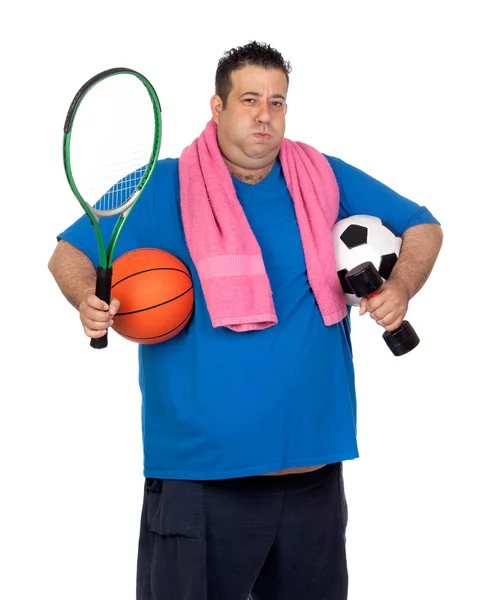Fat man busy with many sports — Stock Photo, Image