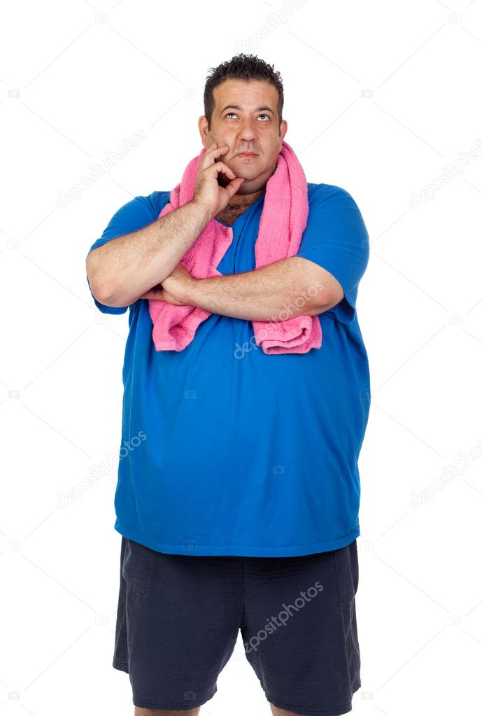 Pensive fat man playing sport