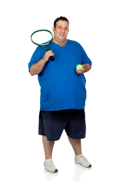 Tlustý muž s raketou pro hrát tenis — Stock fotografie