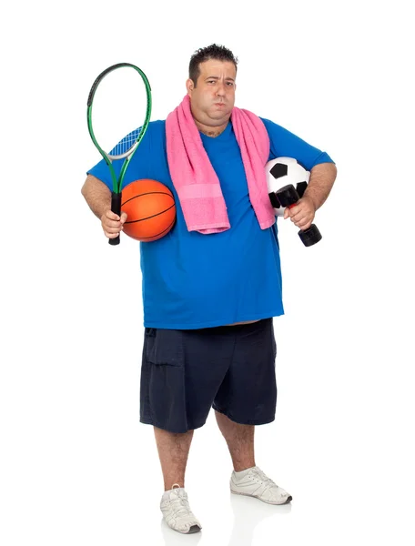 Kövér ember elfoglalt-val sok sport — Stock Fotó