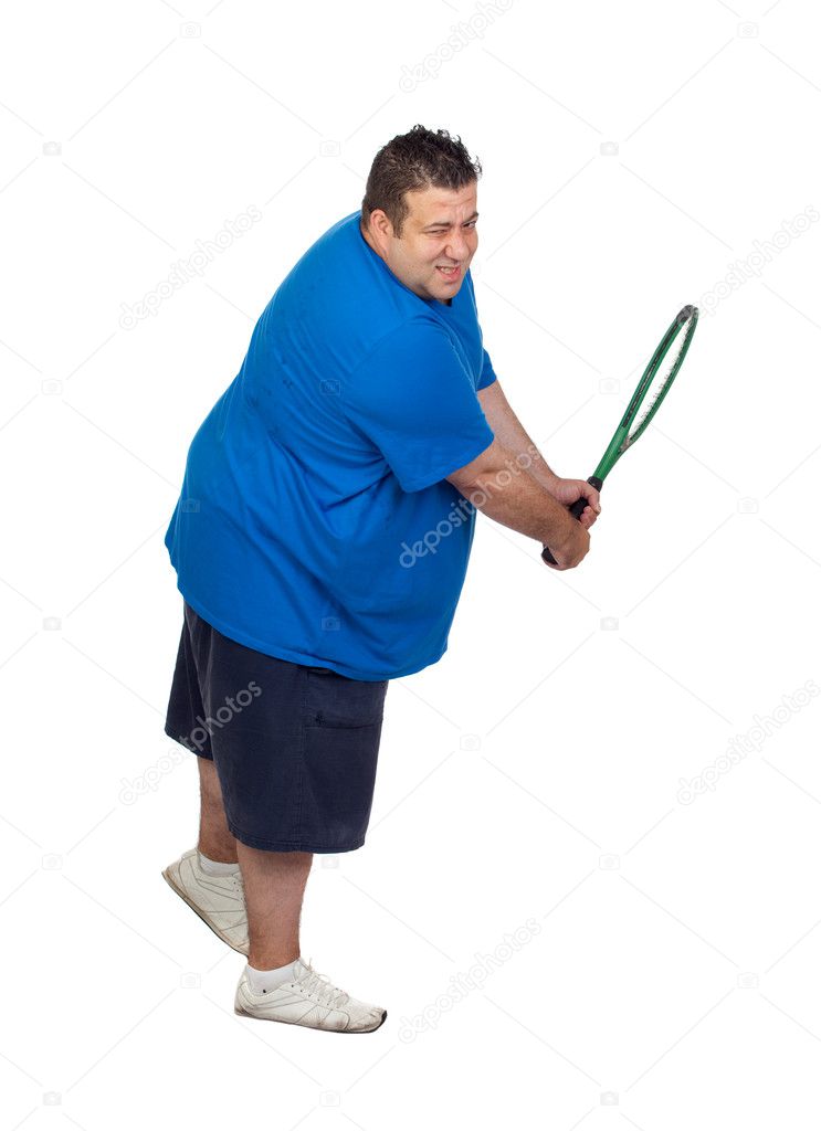Fat man with a racket playing tennis