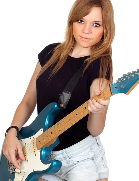 Teen rebellious girl playing electric guitar — Stock Photo, Image