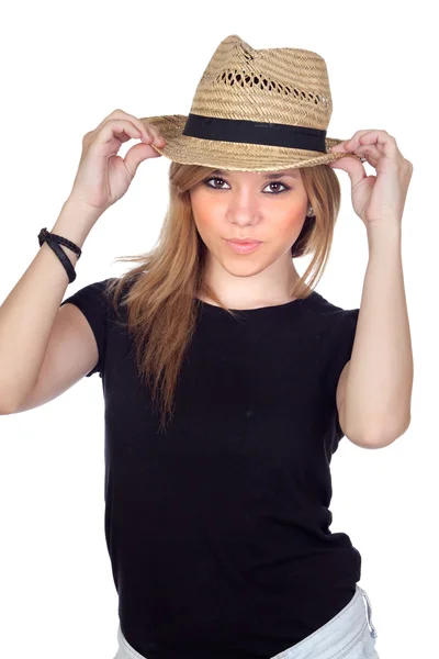 Teen rebellious girl with a straw cap — Stock Photo, Image