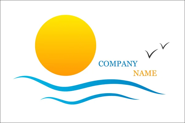 Logo d'entreprise avec mer, vagues, soleil et mouettes — Image vectorielle