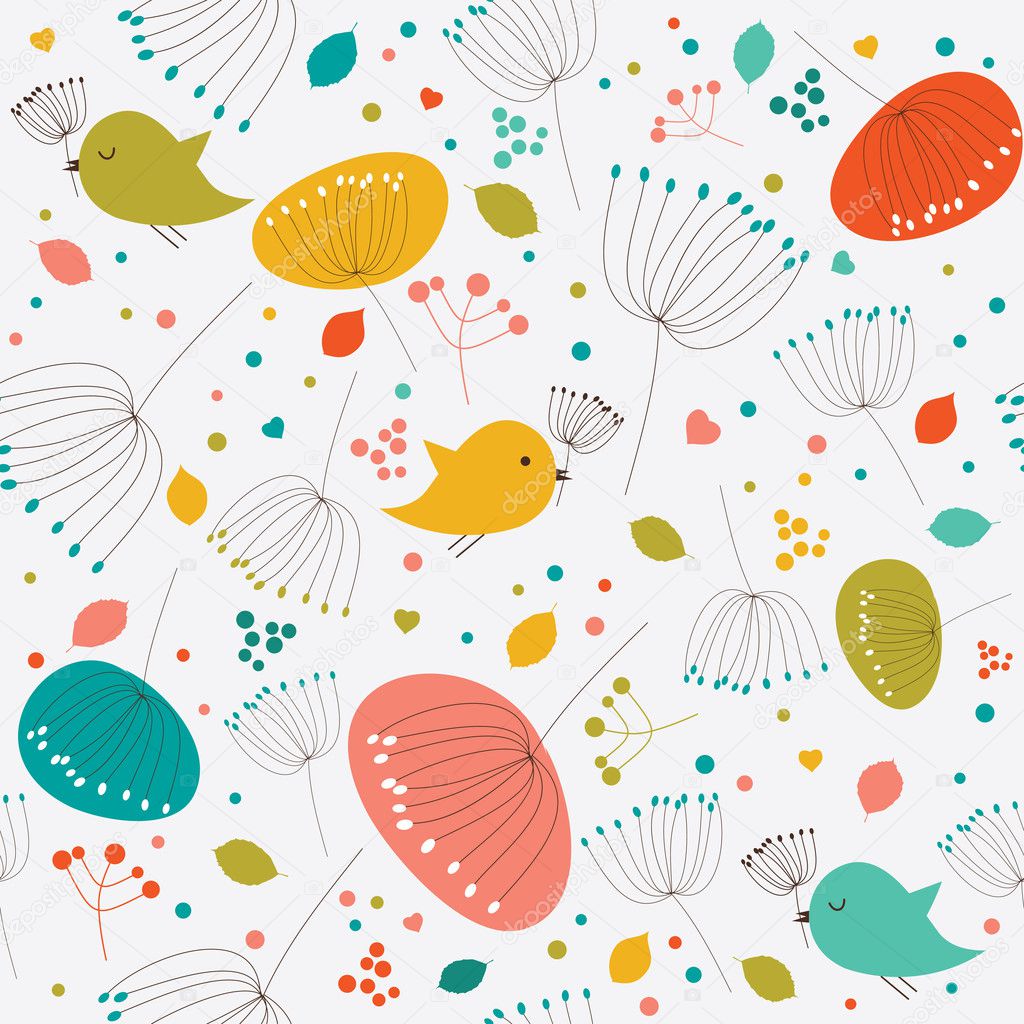 Seamless floral pattern with birds and flowers