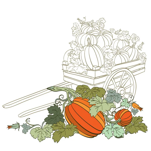 Pompoenen in wagen, met fall herfst kleuren — Stockvector
