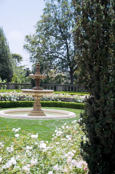 Blomrabatter och fontänen i en av parken — Stockfoto