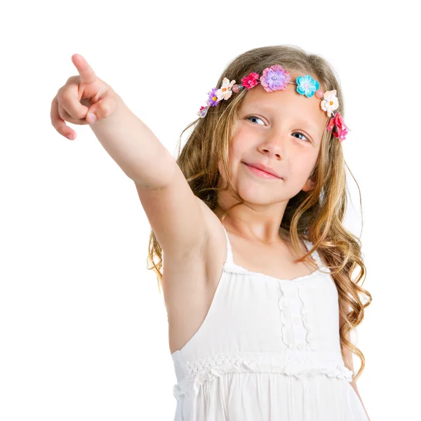 Cute girl pointing with finger. — Stock Photo, Image