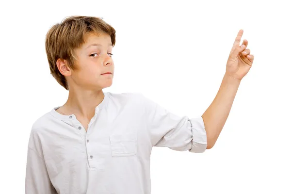 Boy with funny face expression pointing. — Stock Photo, Image