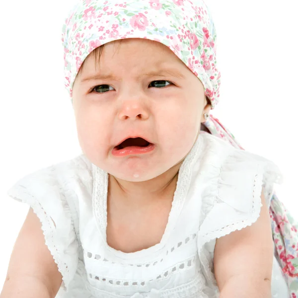 Üzgün yüz ifadesi ile kız bebek. — Stok fotoğraf