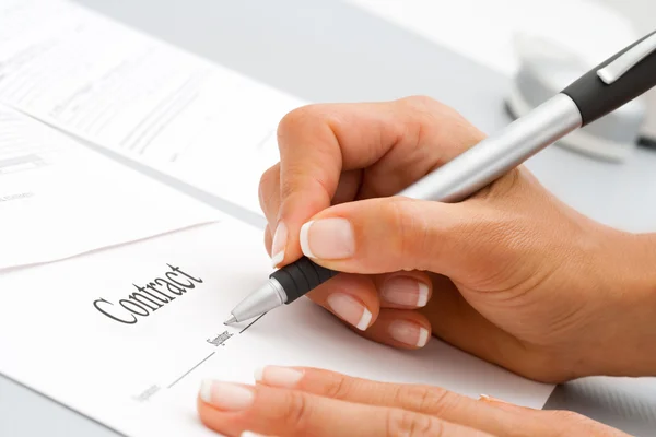 Macro close up of hand signing contract. — Stock Photo, Image