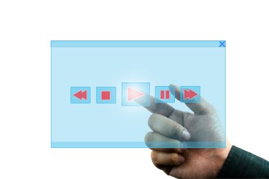 Hand pressing music play button on virtual screen clipart