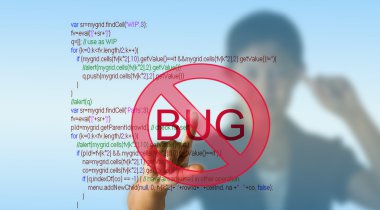 Business woman pointing programming script with bug fixed concept clipart