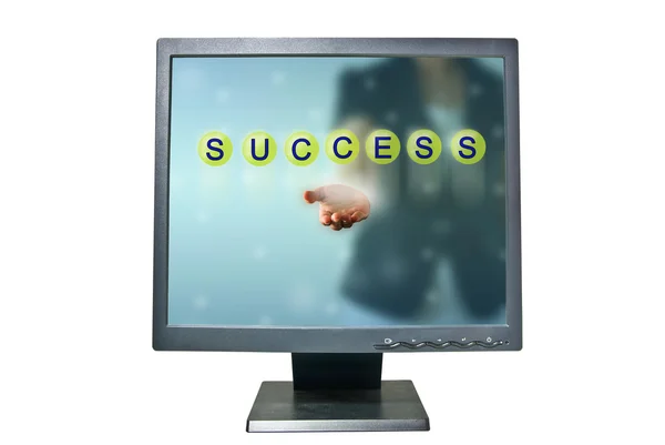 Mulher de negócios em monitor e SUCESSO palavras mostram em bola de cristal verde — Fotografia de Stock