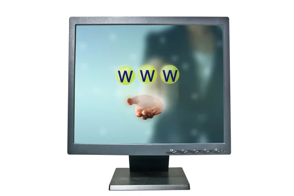 Zakenvrouw in monitor en www woorden Toon in groene kristallen bol — Stockfoto