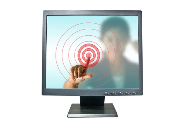 Business woman hand pointing the red target — Stock Photo, Image