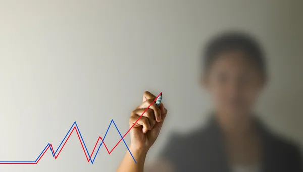 Geschäftsfrau zeichnet Grafik, um Erfolgsdiagramm zu zeigen. — Stockfoto