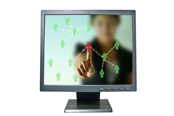 Mulher de negócios no monitor pressionando rede virtual — Fotografia de Stock