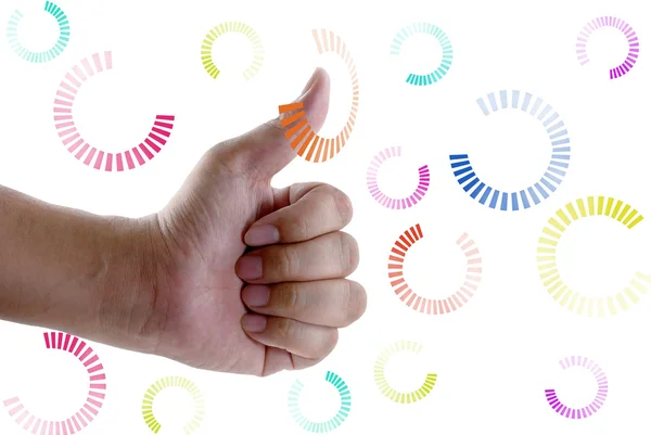 Hand showing thumbs up with colorful circles isolated on white — Stock Photo, Image