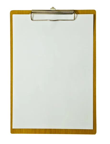 Clipboard de madeira com papel branco isolado no fundo branco com caminho de recorte — Fotografia de Stock