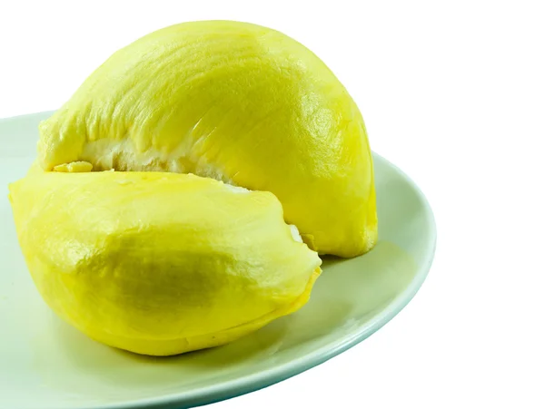 Bliska mięsa obrane durian na białym talerzu — Zdjęcie stockowe