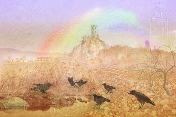 Vrány, hrad a rainbow — Stock fotografie