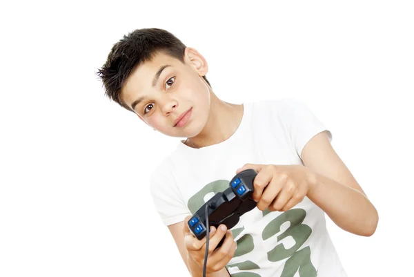 Chlapec drží joystick — Stock fotografie