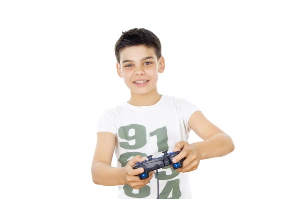 Chlapec hraje na joysticku ve hře — Stock fotografie