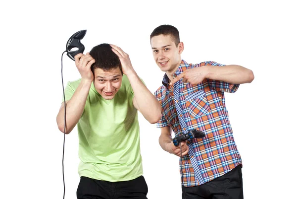 Αγόρια παίζουν ηλεκτρονικά παιχνίδια για το joystick — Φωτογραφία Αρχείου