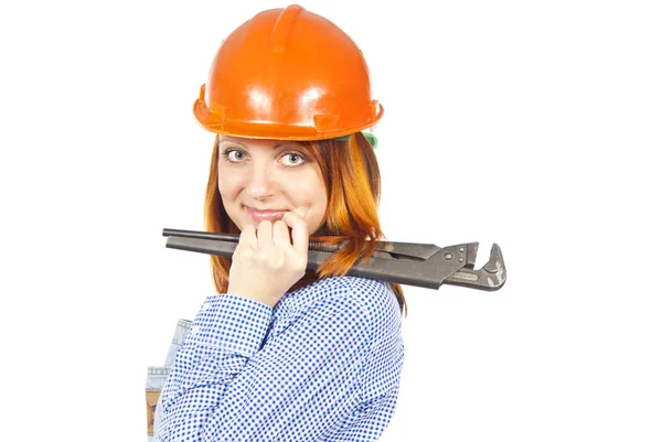 Construtor menina em um capacete — Fotografia de Stock