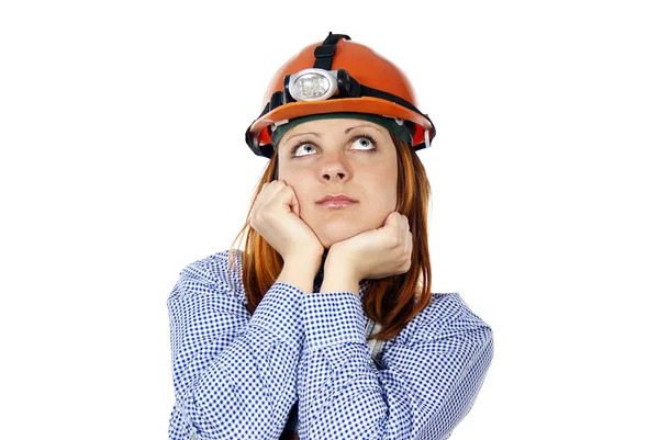 Construtor pensa que a menina em um capacete — Fotografia de Stock