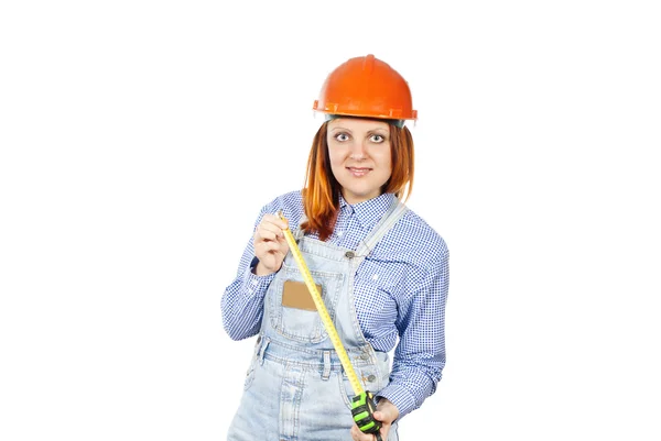Construction girl with a tape measure — Stock Photo, Image