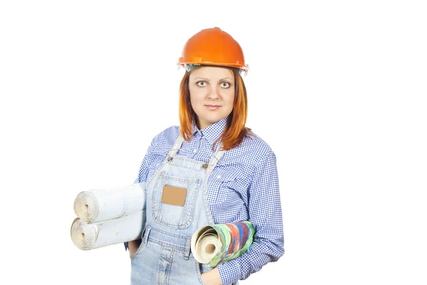 Girl builder and wallpaper — Stock Photo, Image