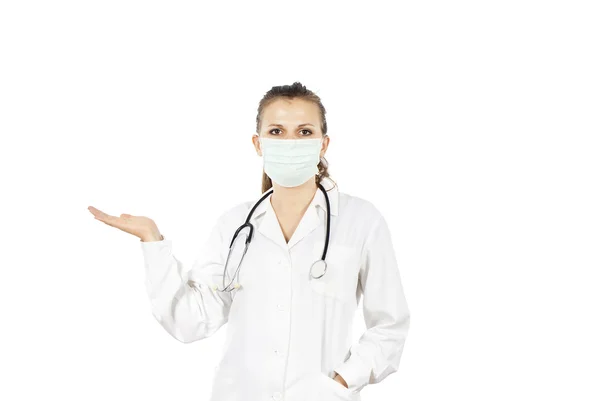 Girl in mask shows doctor — Stock Photo, Image