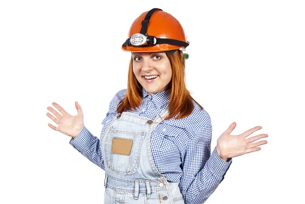Girl in the builders hard hat — Stock Photo, Image