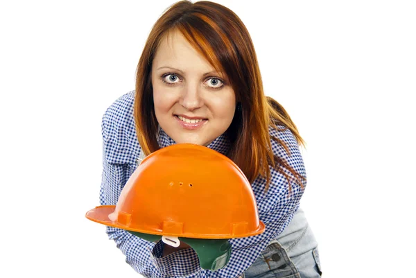 Meisje naar de opbouwfunctie voor de helm — Stockfoto