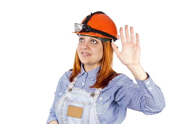 Girl welcomes the builder of hard hat — Stock Photo, Image