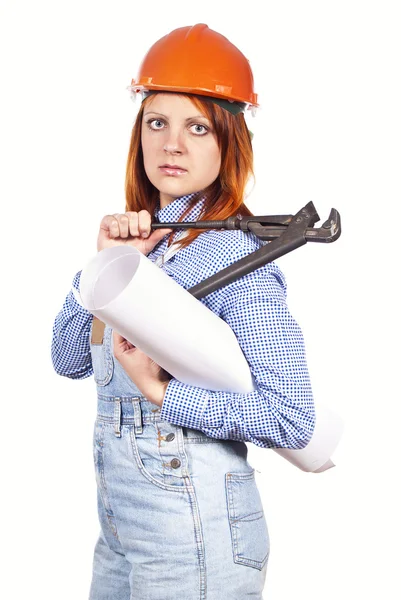 Girl with the key builder — Stock Photo, Image