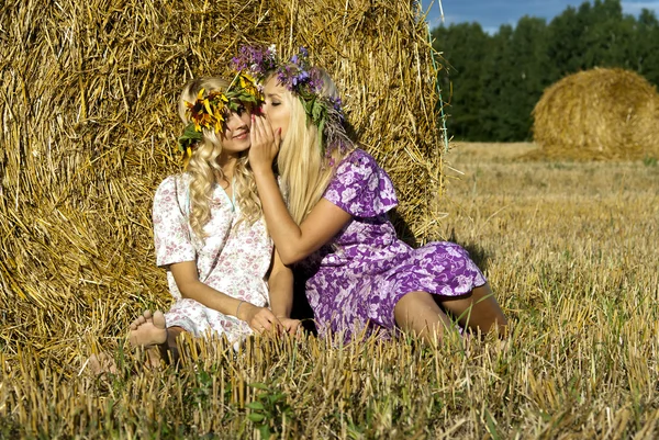 幸せな女の子、干し草の山のそばに座って — ストック写真
