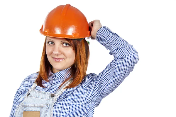 Happy girl to builder the helmet — Stock Photo, Image