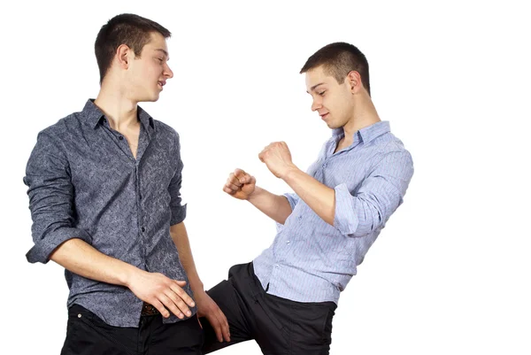 Two guys advertise clothes isolated — Stock Photo, Image