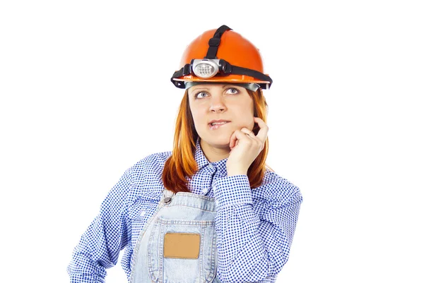 Working in a helmet thinking — Stock Photo, Image
