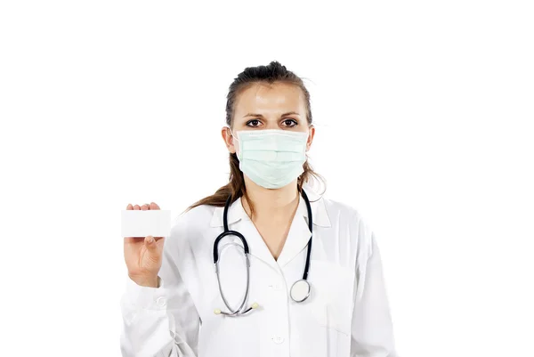 Doctor girl holds a business card Stock Picture