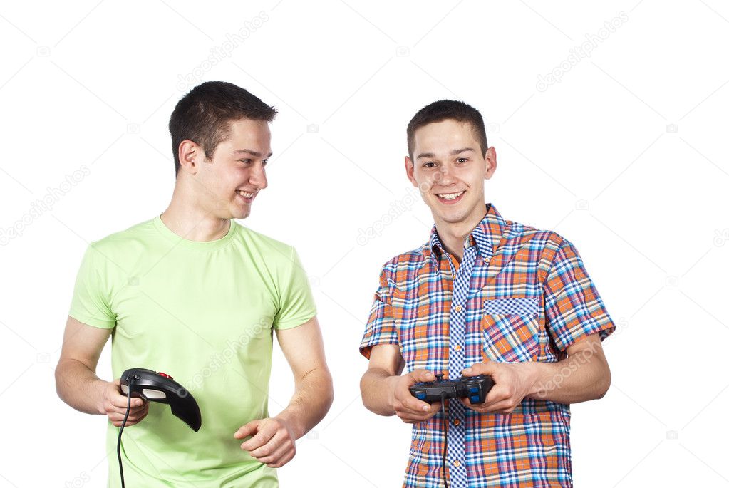 Two guys are playing computer games