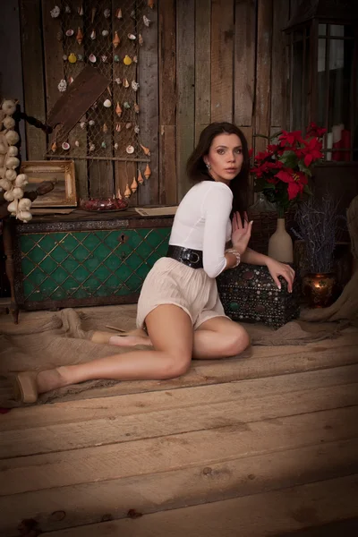 Schönes Mädchen in einer Holzhütte — Stockfoto